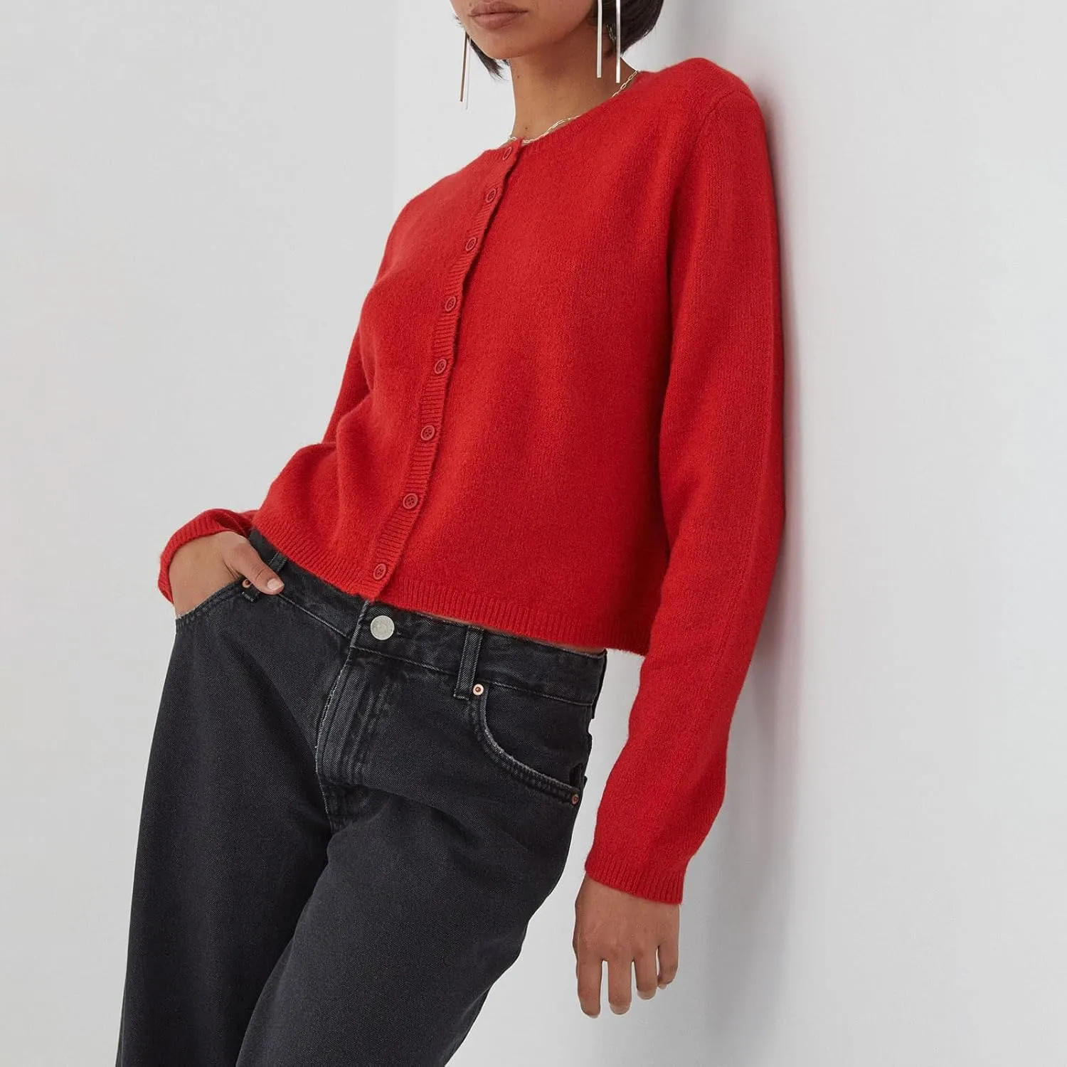 Women Y2k Crop Cardigan Long Sleeve Button Down Sweater Lightweight Solid Color Open Front Cute Knitted Tops