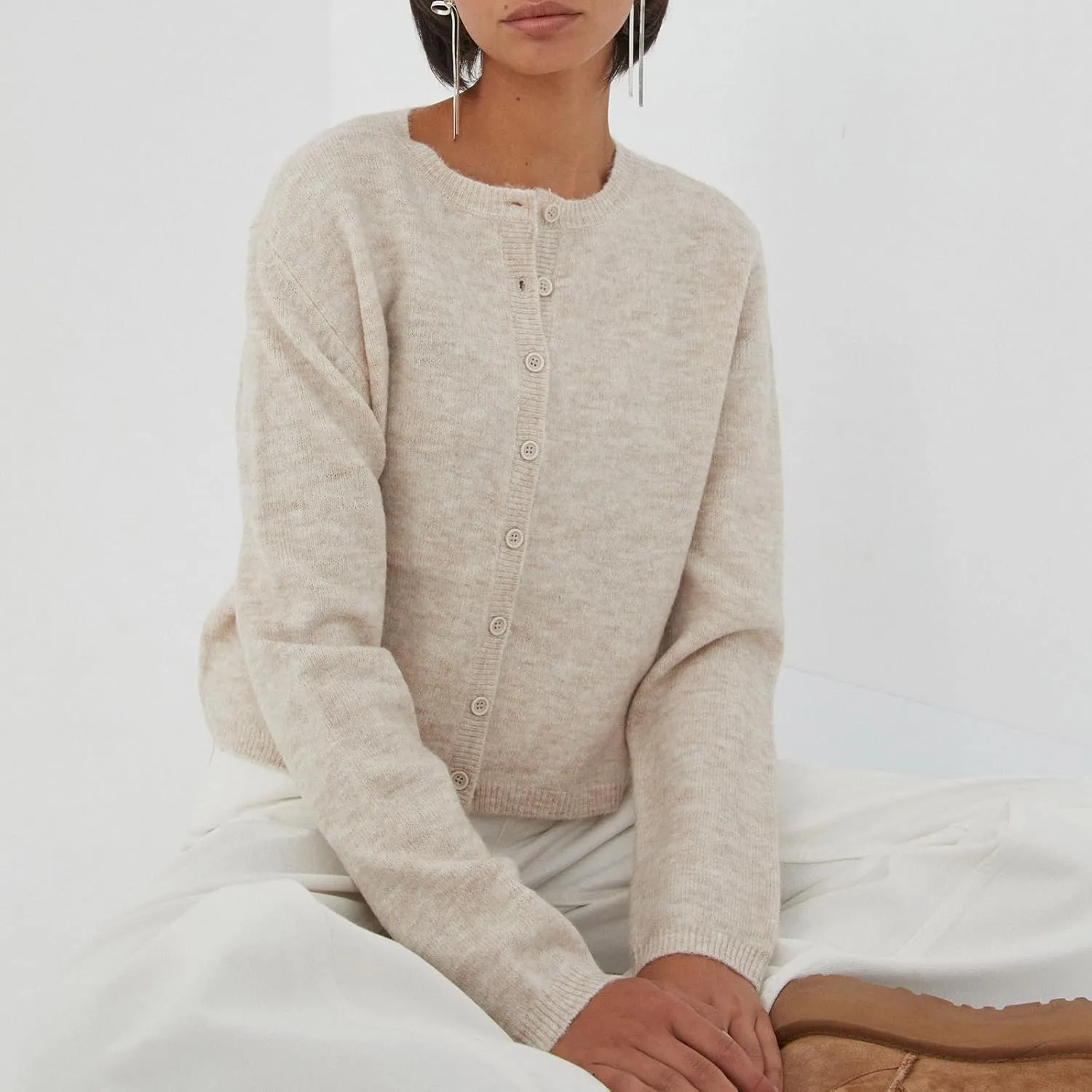 Women Y2k Crop Cardigan Long Sleeve Button Down Sweater Lightweight Solid Color Open Front Cute Knitted Tops