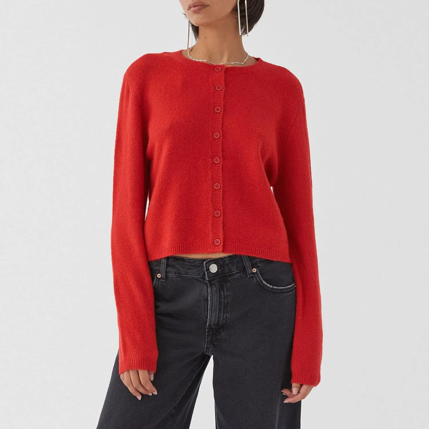 Women Y2k Crop Cardigan Long Sleeve Button Down Sweater Lightweight Solid Color Open Front Cute Knitted Tops