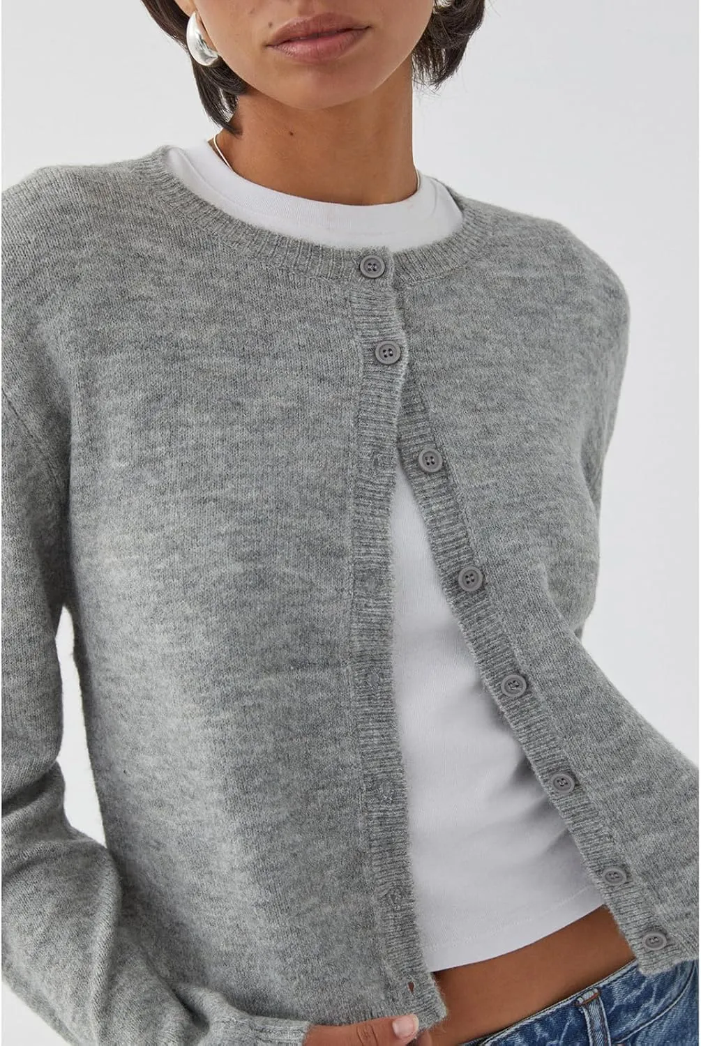 Women Y2k Crop Cardigan Long Sleeve Button Down Sweater Lightweight Solid Color Open Front Cute Knitted Tops