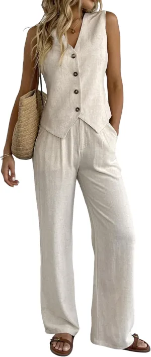Women's 2 Piece Outfits Linen Vest Waistcoat Dressy Casual Sets Wide Leg Pants Suits