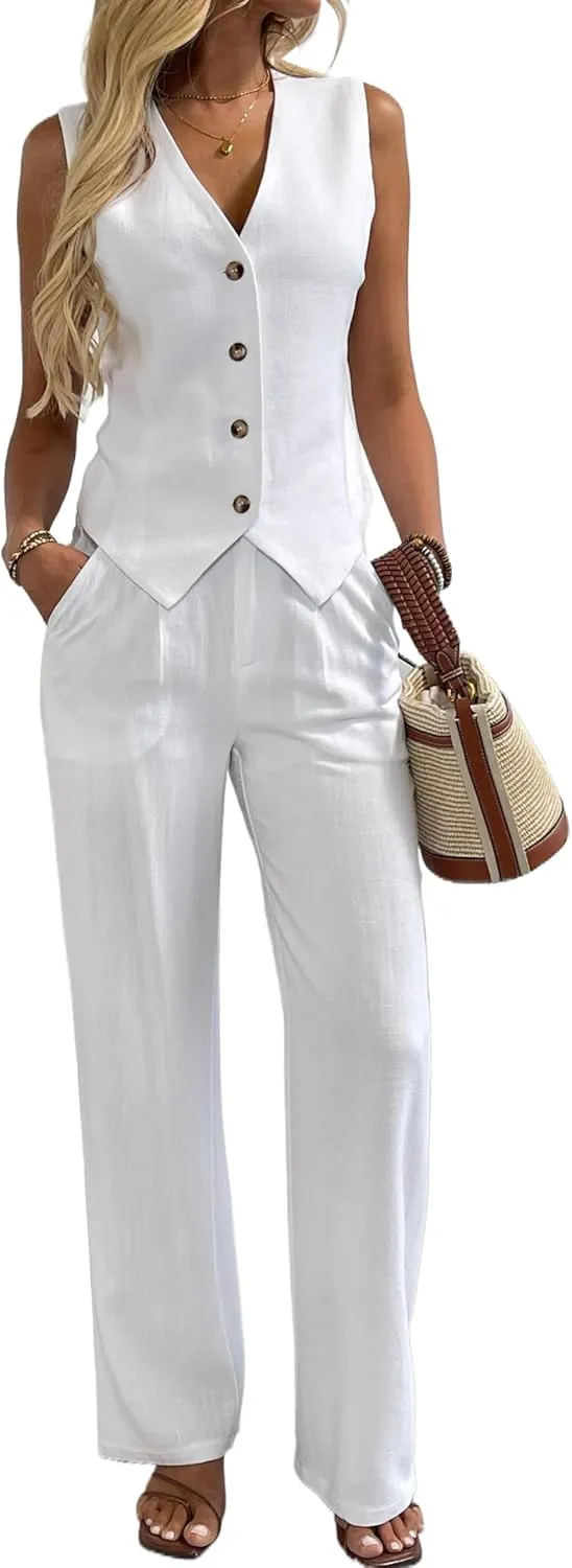 Women's 2 Piece Outfits Linen Vest Waistcoat Dressy Casual Sets Wide Leg Pants Suits