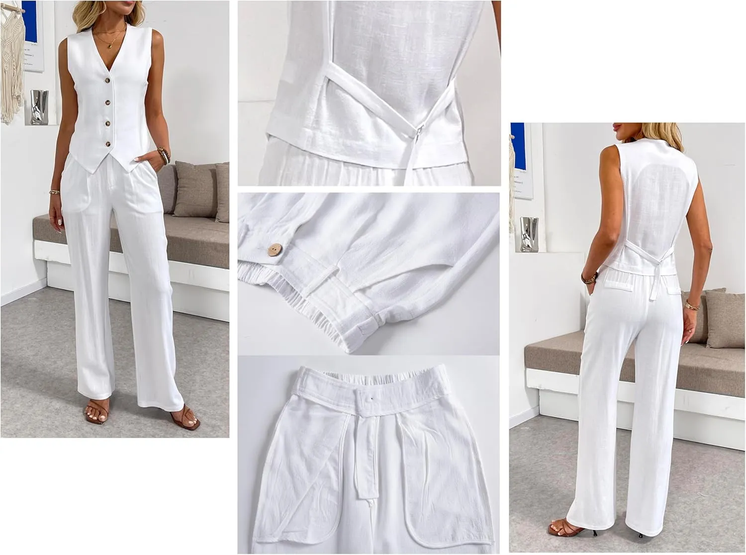 Women's 2 Piece Outfits Linen Vest Waistcoat Dressy Casual Sets Wide Leg Pants Suits