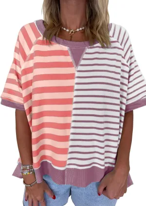 Womens 2025 Oversized Short Sleeve Sweatshirt Striped Shirt Crewneck Pullover Loose Crop Tops