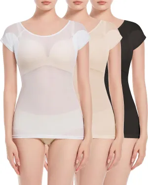 Women's 3-Pack Short Sleeve See Through Sheer Mesh Tops - Cap Sleeve Scoop Neck Blouses, Sweatproof Undershirts with Sweat Pads, Size Medium