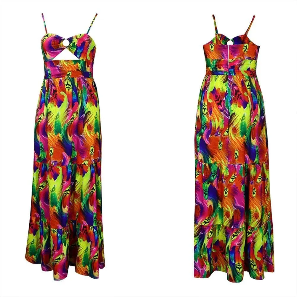 Women's Casual Halter Sleeveless Pleated Long Maxi Dress Backless Loose Ombre Summer Beach Chiffon Flowy Sundress
