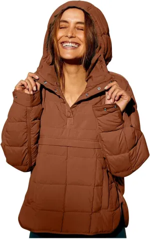 Womens Casual Oversized Puffer Jacket Quilted Dolman Hoodies Pullover Long Sleeve Lightweight Warm Winter Tops Coat