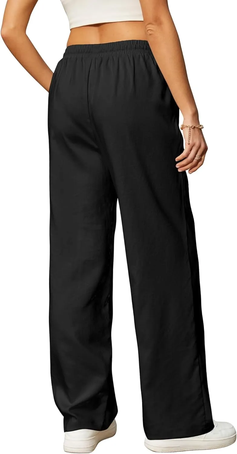 Womens Casual Pants with Adjustable Drawstring Soft Lounge Wide Leg High Waisted Pants for Summer Beach Vacation
