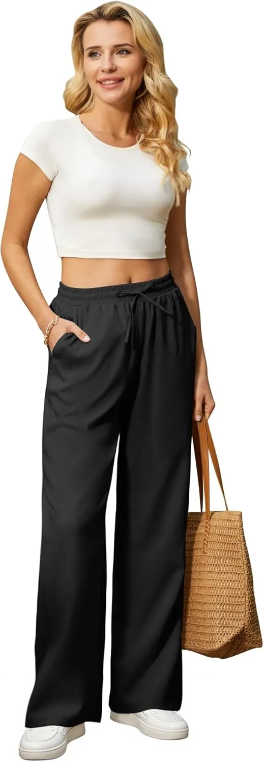 Womens Casual Pants with Adjustable Drawstring Soft Lounge Wide Leg High Waisted Pants for Summer Beach Vacation