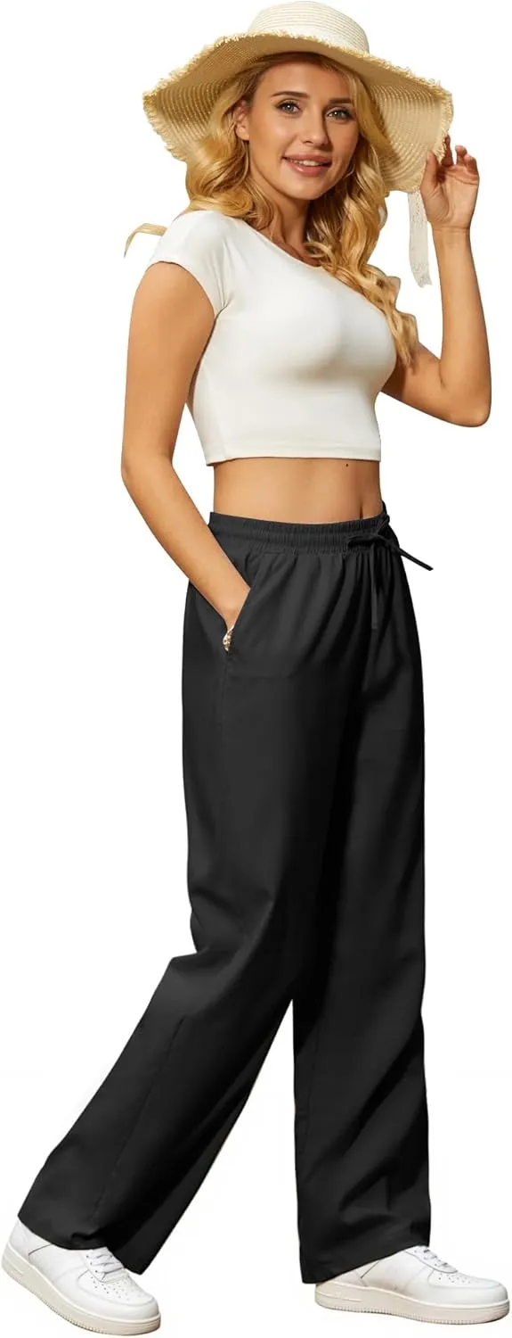 Womens Casual Pants with Adjustable Drawstring Soft Lounge Wide Leg High Waisted Pants for Summer Beach Vacation