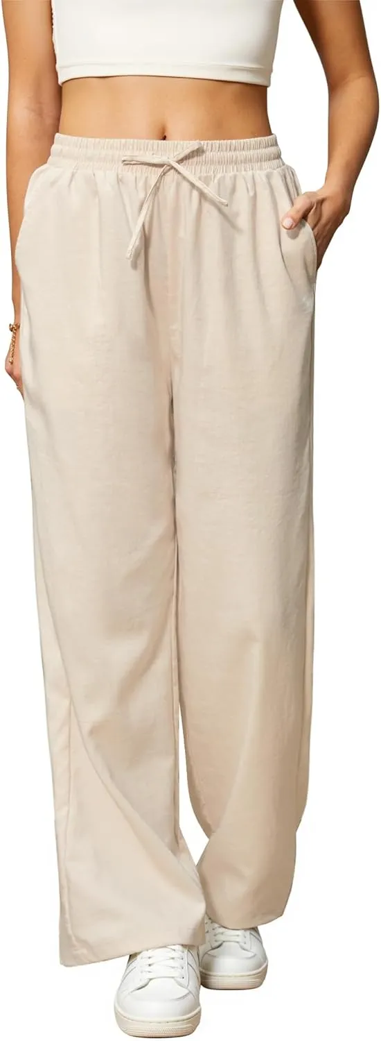 Womens Casual Pants with Adjustable Drawstring Soft Lounge Wide Leg High Waisted Pants for Summer Beach Vacation