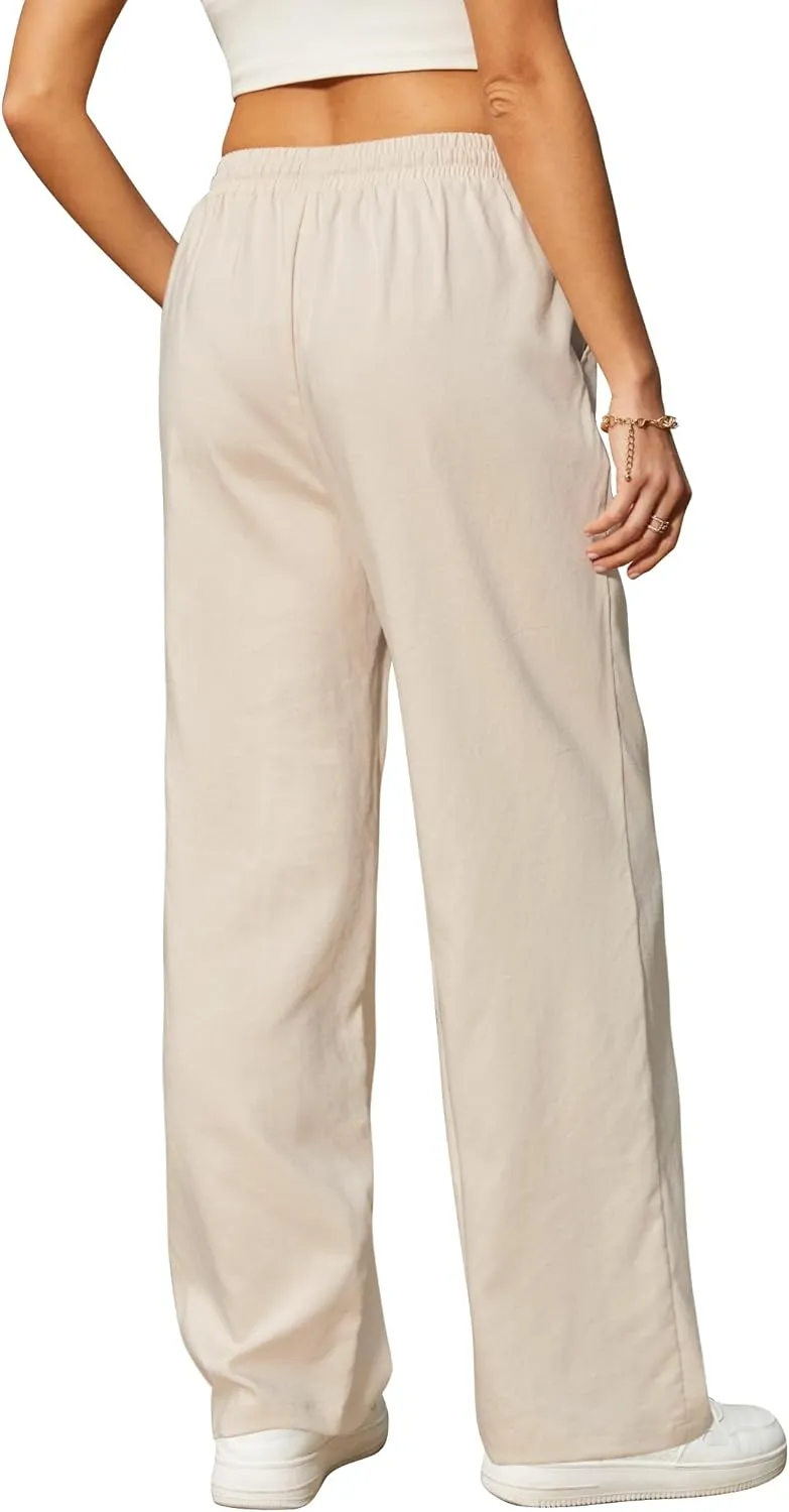 Womens Casual Pants with Adjustable Drawstring Soft Lounge Wide Leg High Waisted Pants for Summer Beach Vacation