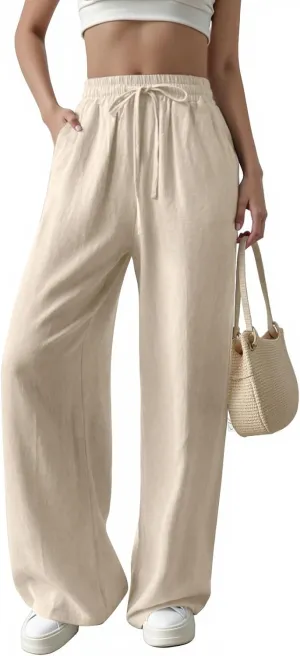 Womens Casual Pants with Adjustable Drawstring Soft Lounge Wide Leg High Waisted Pants for Summer Beach Vacation