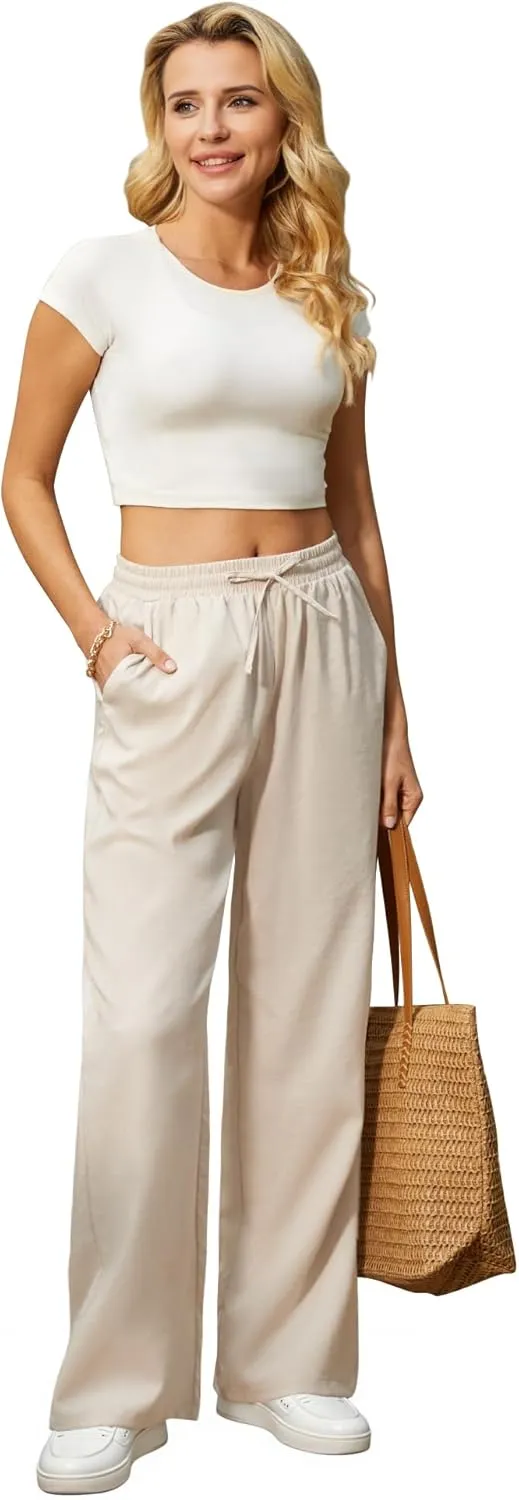 Womens Casual Pants with Adjustable Drawstring Soft Lounge Wide Leg High Waisted Pants for Summer Beach Vacation