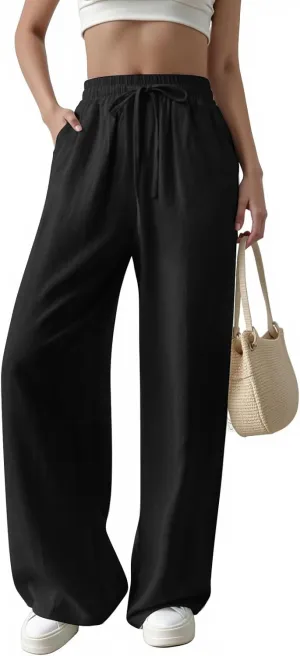 Womens Casual Pants with Adjustable Drawstring Soft Lounge Wide Leg High Waisted Pants for Summer Beach Vacation