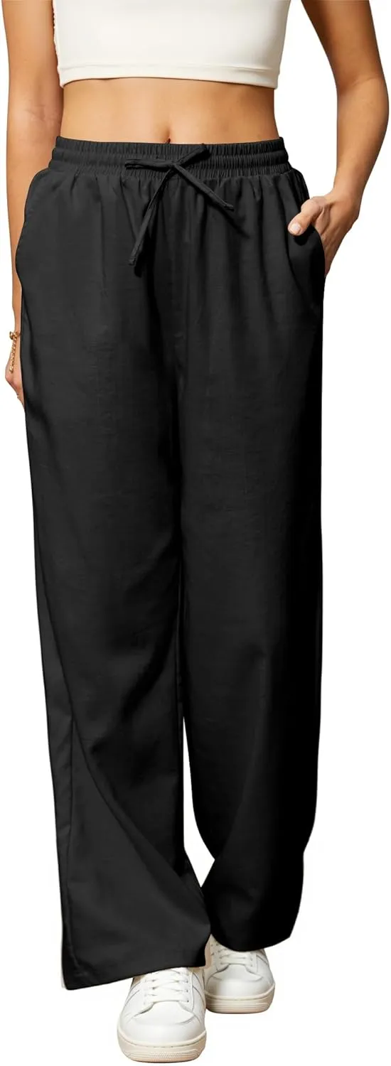 Womens Casual Pants with Adjustable Drawstring Soft Lounge Wide Leg High Waisted Pants for Summer Beach Vacation