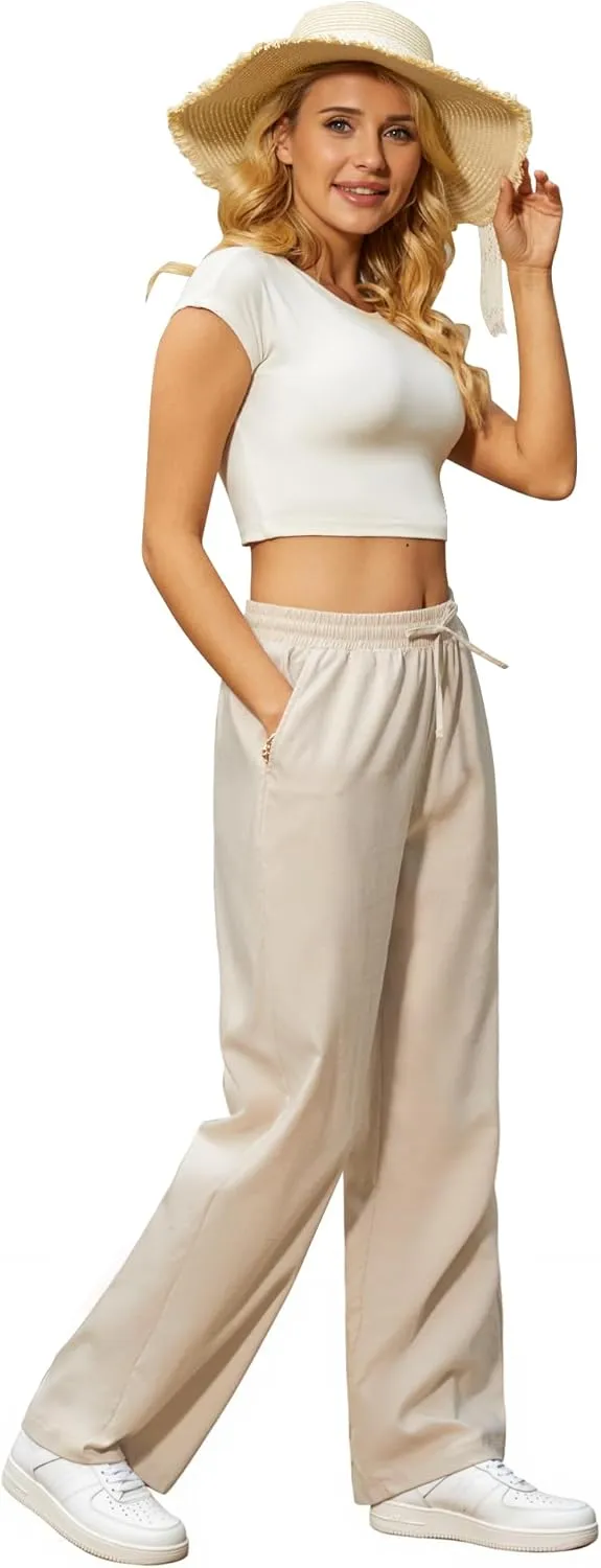 Womens Casual Pants with Adjustable Drawstring Soft Lounge Wide Leg High Waisted Pants for Summer Beach Vacation