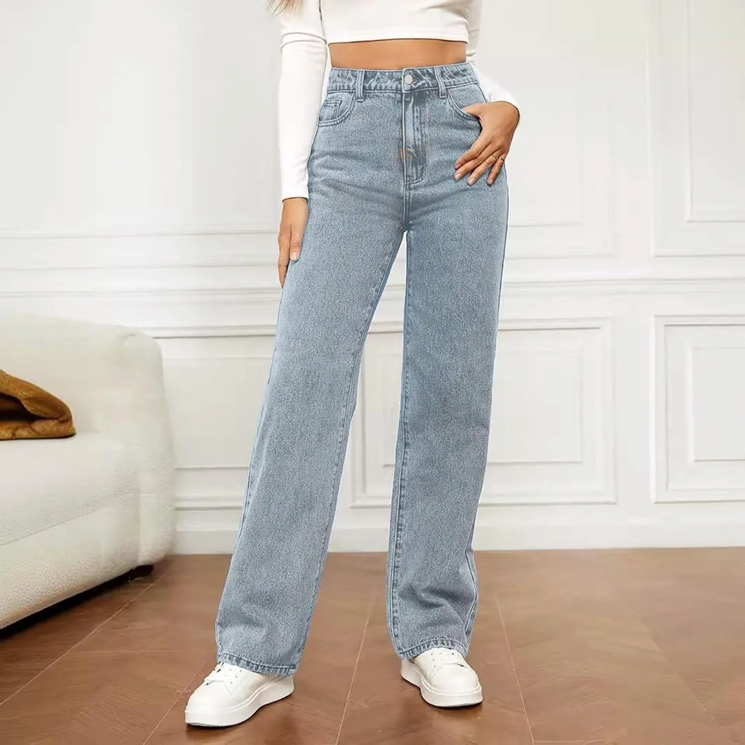 Women's Casual Vintage Jeans Straight-Leg High Waisted Boyfriends Denim Pants Streetwear Lightweight Loose Trousers