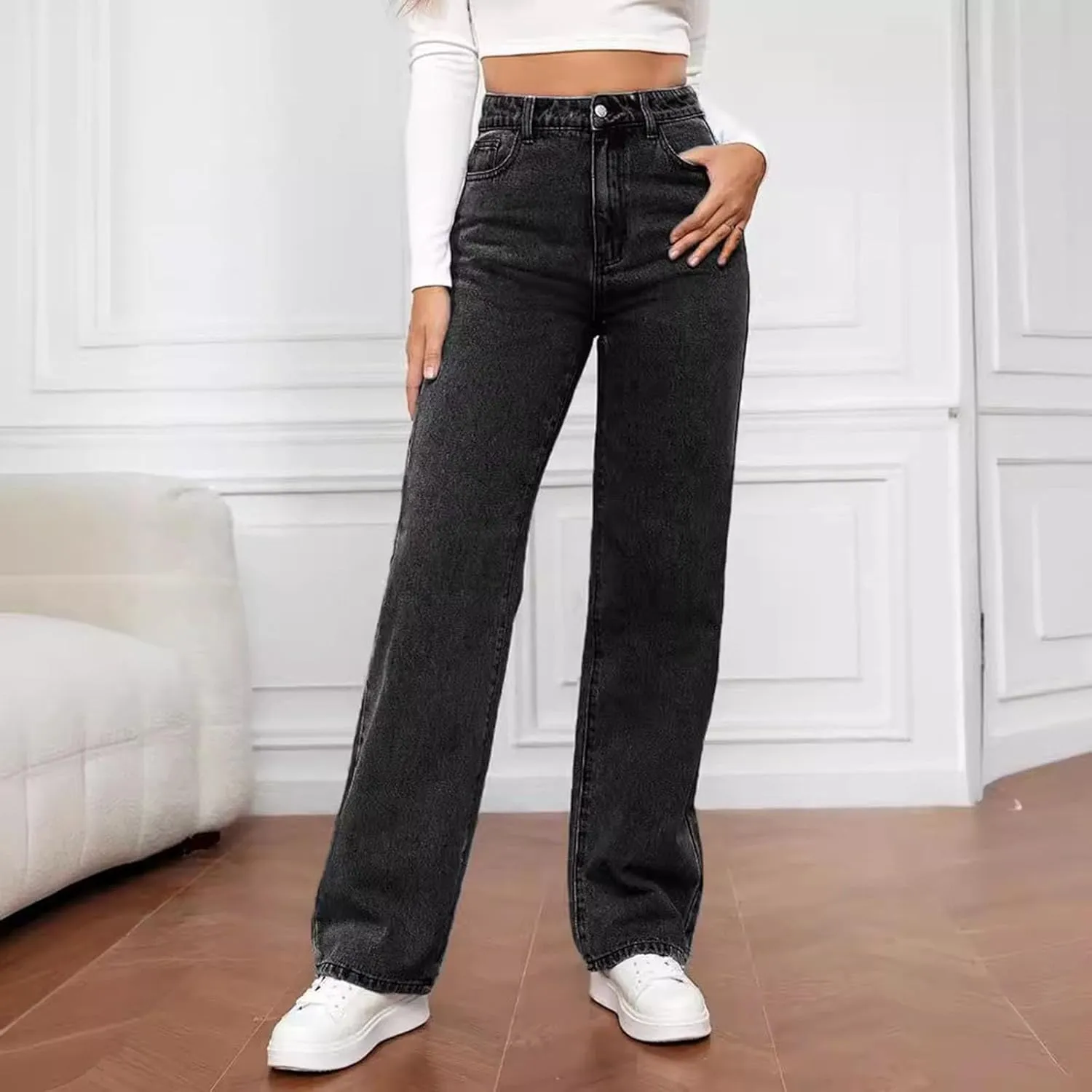 Women's Casual Vintage Jeans Straight-Leg High Waisted Boyfriends Denim Pants Streetwear Lightweight Loose Trousers