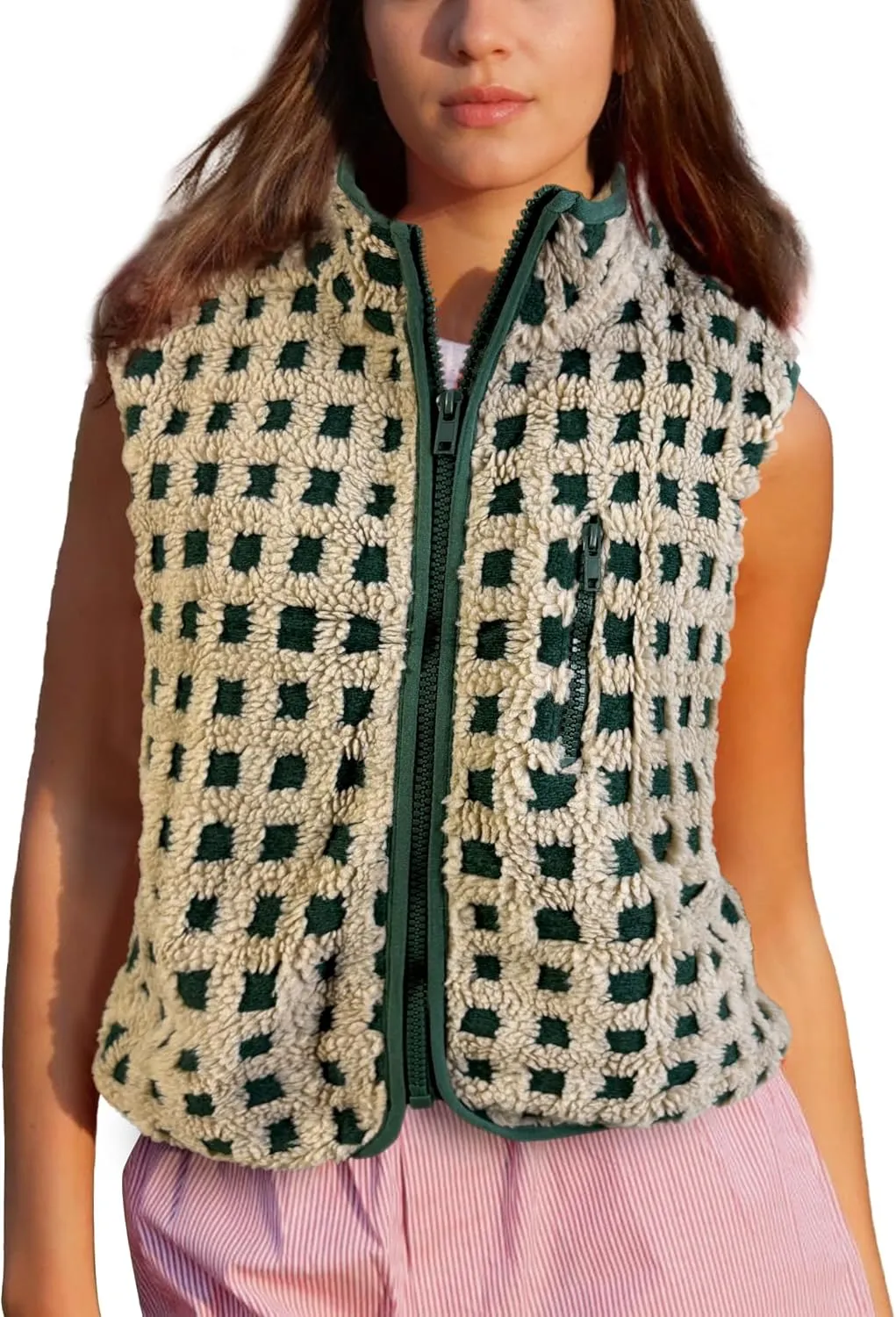 Womens Checkered Sherpa Vest Sleeveless Winter Fleece Jacket High Neck Zip Up Plaid Gilet with Chest Pocket