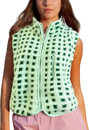 Womens Checkered Sherpa Vest Sleeveless Winter Fleece Jacket High Neck Zip Up Plaid Gilet with Chest Pocket