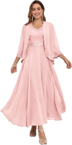 Women's Chiffon Mother of The Bride Dresses with Jackets for Wddding Ankle Length Lace 2 Piece Formal Dress
