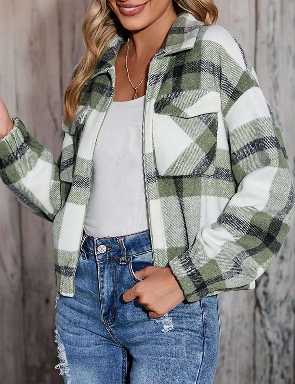 Womens Cropped Flannel Plaid Shacket Zip Up Shirts Jackets with Pockets