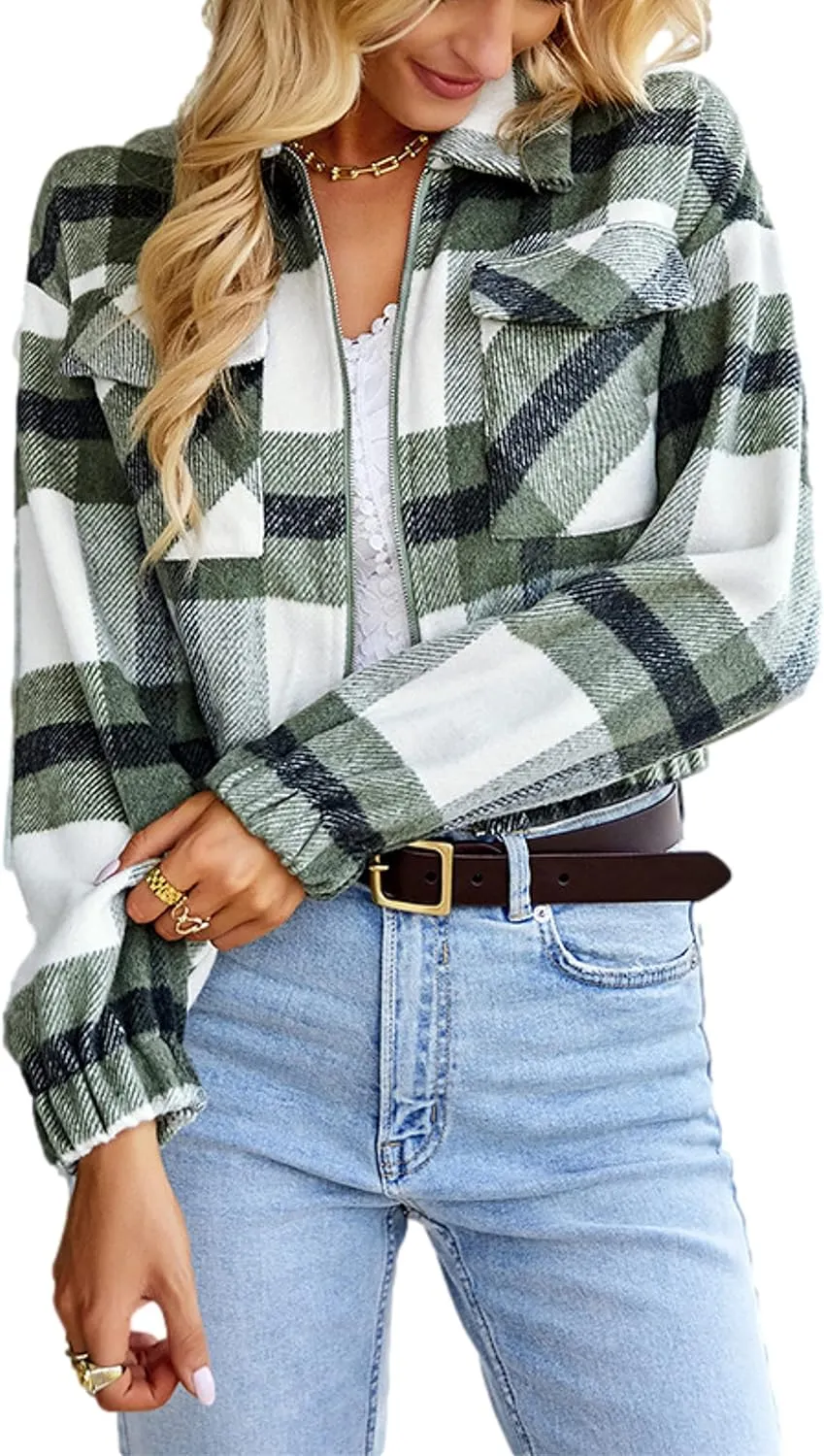 Womens Cropped Flannel Plaid Shacket Zip Up Shirts Jackets with Pockets