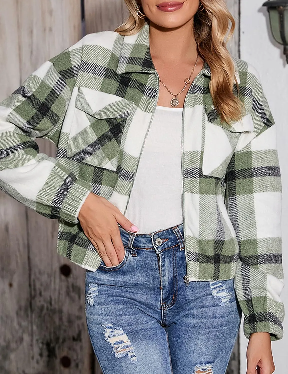 Womens Cropped Flannel Plaid Shacket Zip Up Shirts Jackets with Pockets