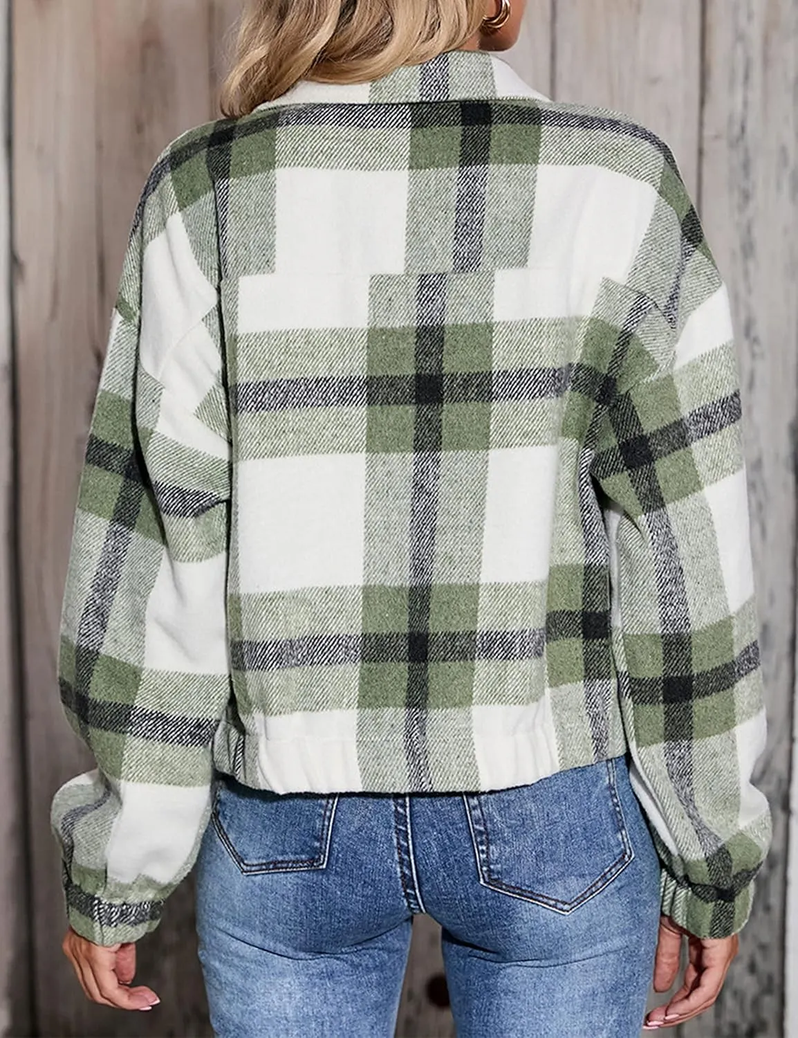 Womens Cropped Flannel Plaid Shacket Zip Up Shirts Jackets with Pockets