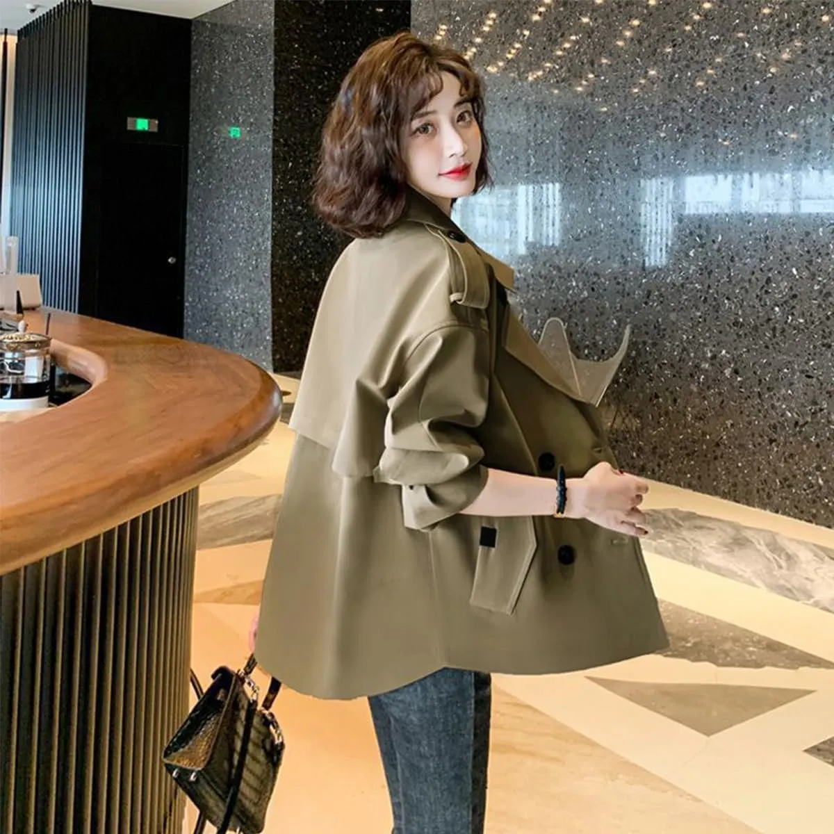 Womens Cropped Trench Coat,Womens Crop Double Breasted Trench Coat,Long Sleeve Lapel Loose Fit Jackets with Pockets