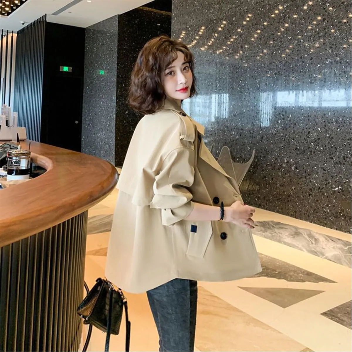 Womens Cropped Trench Coat,Womens Crop Double Breasted Trench Coat,Long Sleeve Lapel Loose Fit Jackets with Pockets