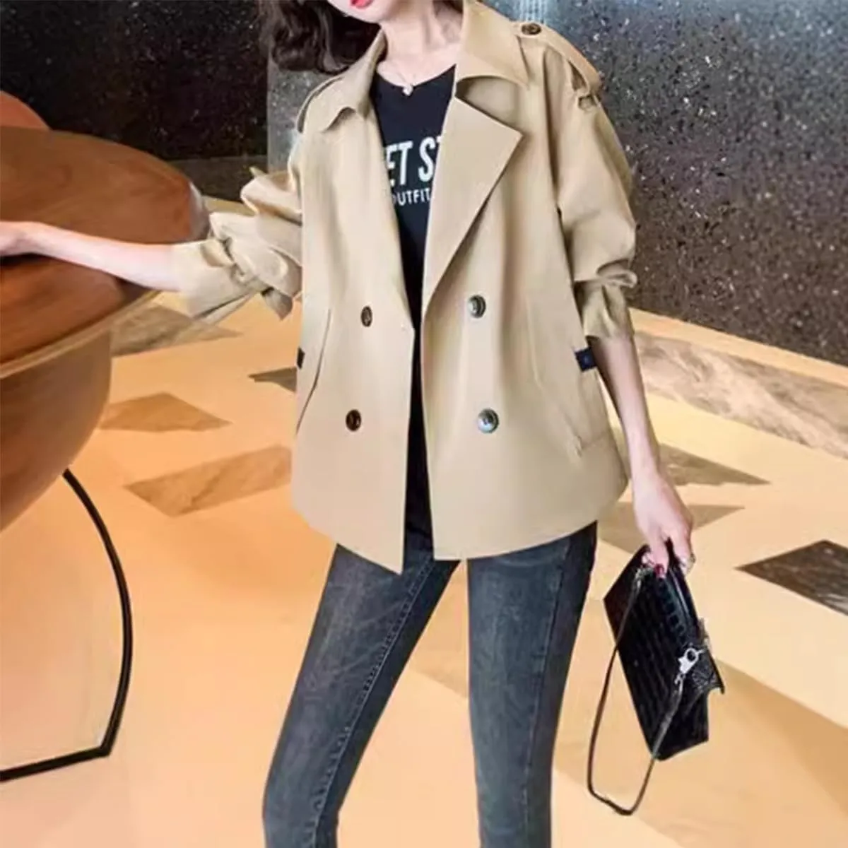 Womens Cropped Trench Coat,Womens Crop Double Breasted Trench Coat,Long Sleeve Lapel Loose Fit Jackets with Pockets