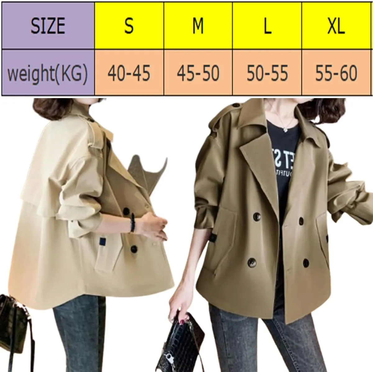Womens Cropped Trench Coat,Womens Crop Double Breasted Trench Coat,Long Sleeve Lapel Loose Fit Jackets with Pockets