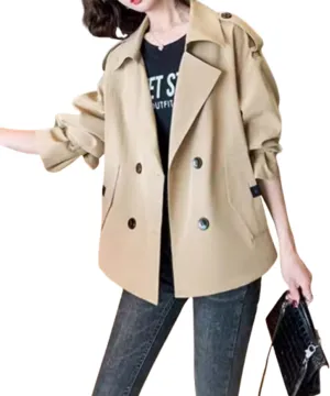 Womens Cropped Trench Coat,Womens Crop Double Breasted Trench Coat,Long Sleeve Lapel Loose Fit Jackets with Pockets
