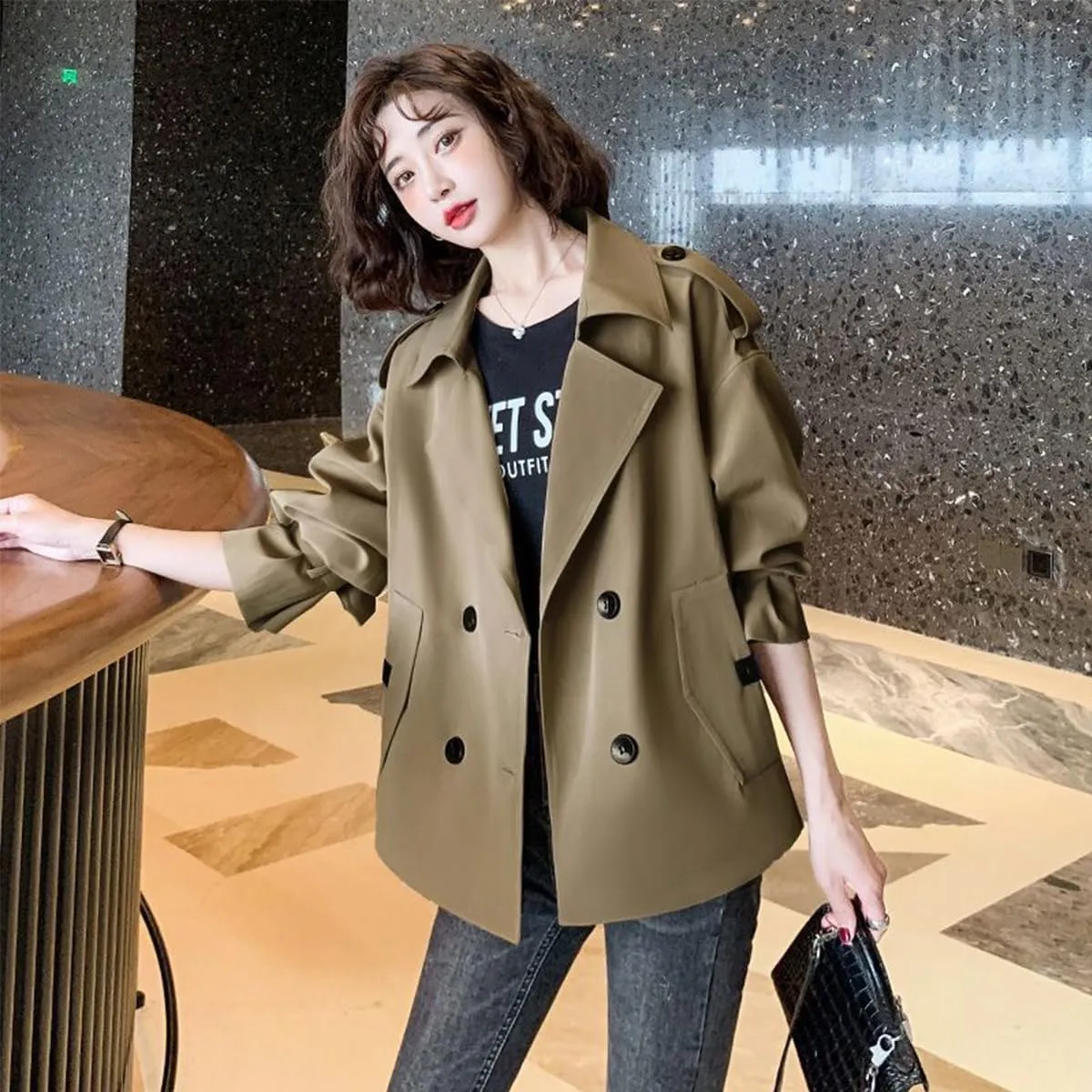 Womens Cropped Trench Coat,Womens Crop Double Breasted Trench Coat,Long Sleeve Lapel Loose Fit Jackets with Pockets