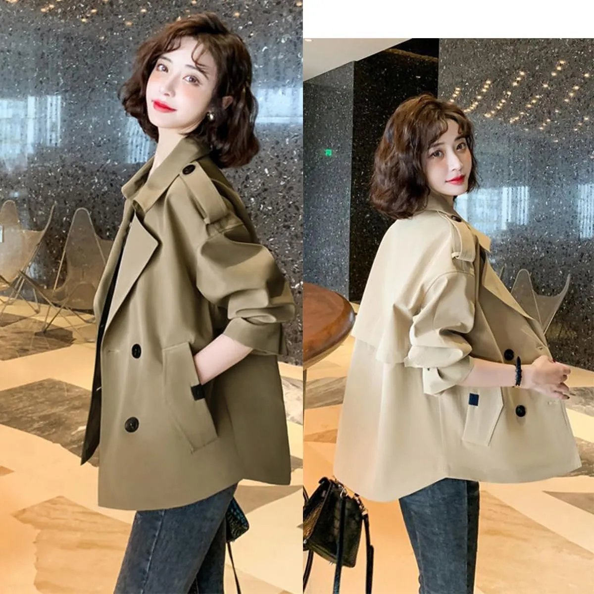 Womens Cropped Trench Coat,Womens Crop Double Breasted Trench Coat,Long Sleeve Lapel Loose Fit Jackets with Pockets