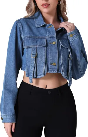 Women's Denim Jacket Button Down Long Sleeve Cargo Pockets Washed Jean Jackets