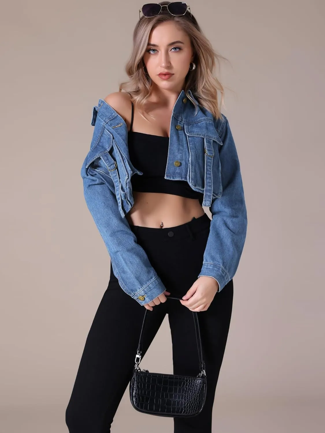 Women's Denim Jacket Button Down Long Sleeve Cargo Pockets Washed Jean Jackets
