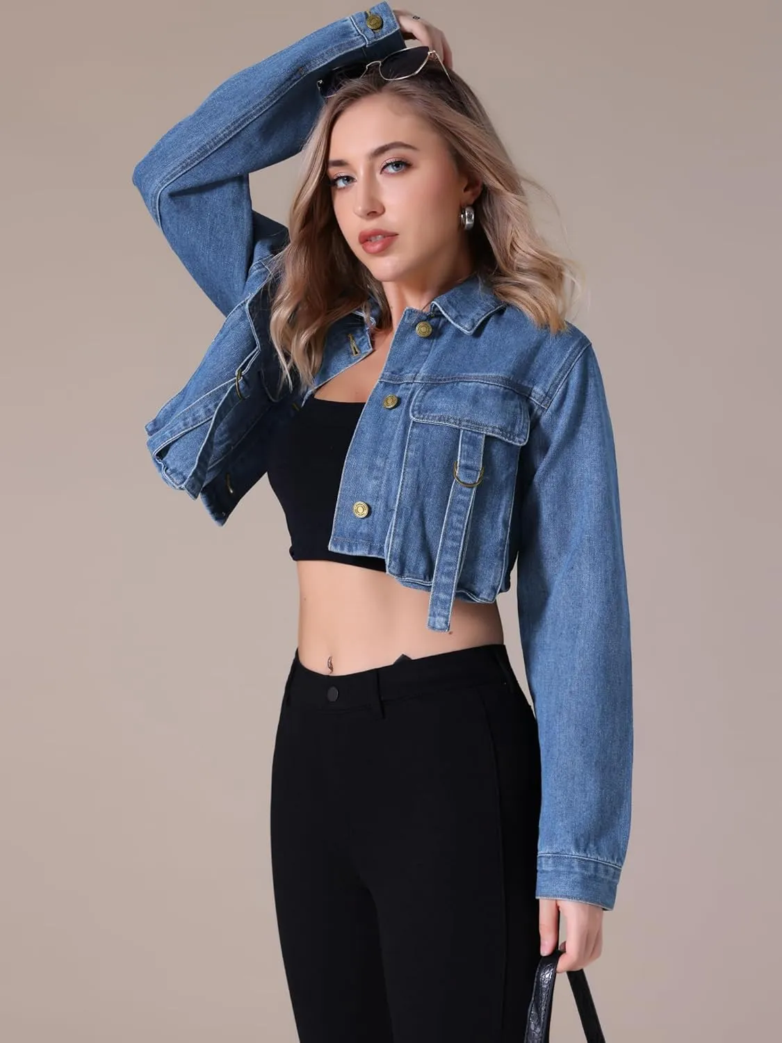 Women's Denim Jacket Button Down Long Sleeve Cargo Pockets Washed Jean Jackets