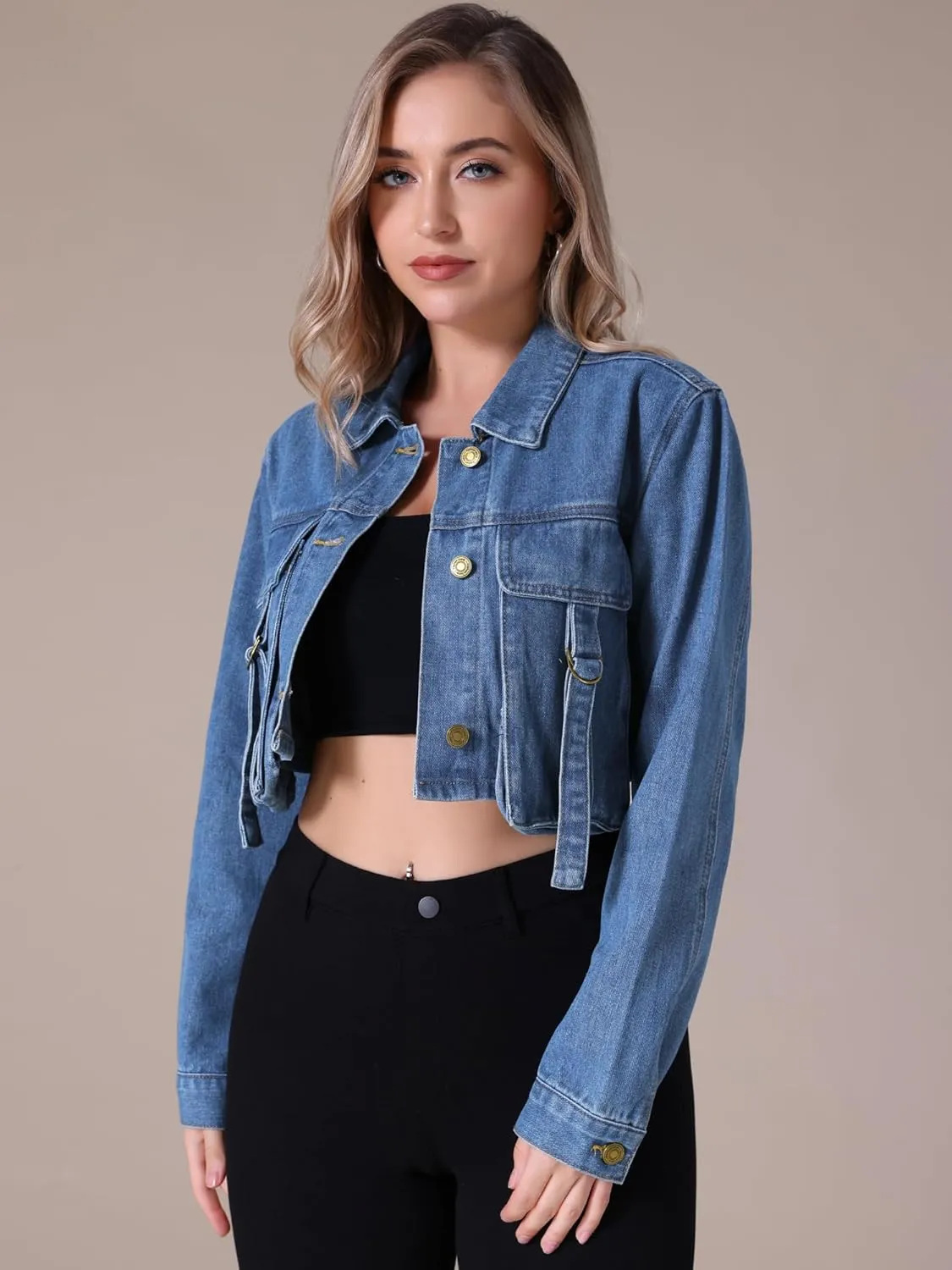Women's Denim Jacket Button Down Long Sleeve Cargo Pockets Washed Jean Jackets