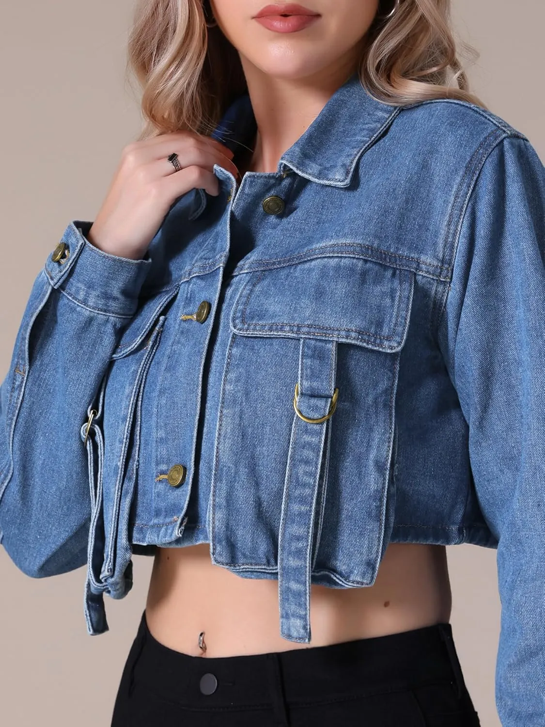 Women's Denim Jacket Button Down Long Sleeve Cargo Pockets Washed Jean Jackets