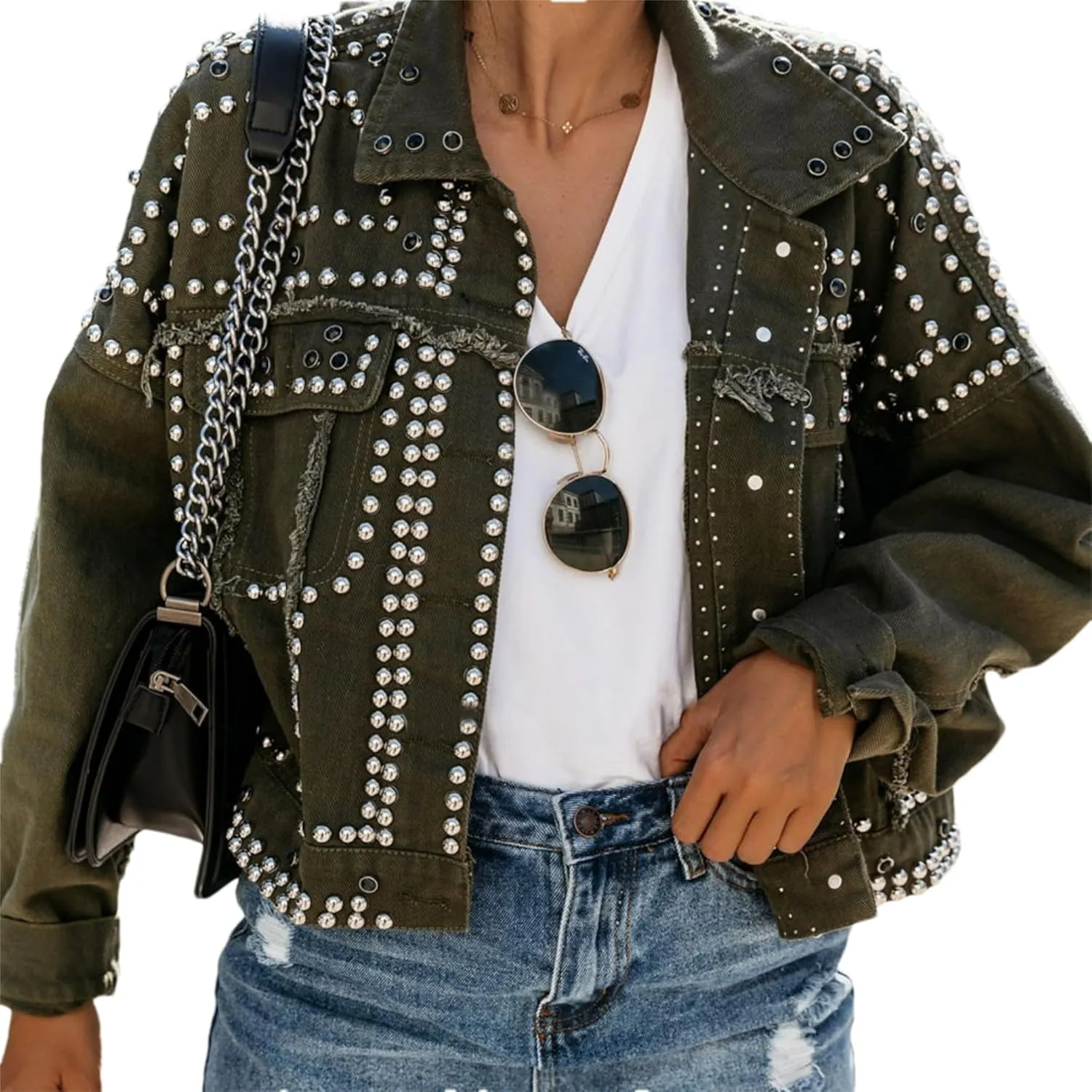 Womens Fashion Crop Rivet Studded Denim Jacket Casual Vintage Long Sleeve Pearl Short Jean Coat Trucker Jacket