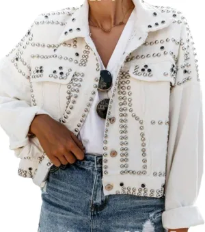 Womens Fashion Crop Rivet Studded Denim Jacket Casual Vintage Long Sleeve Pearl Short Jean Coat Trucker Jacket