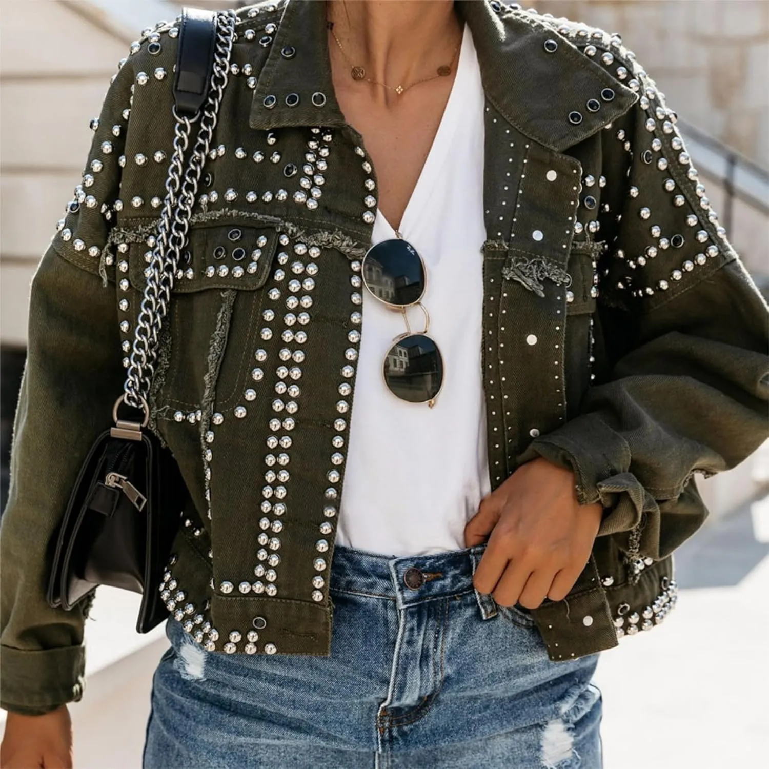 Womens Fashion Crop Rivet Studded Denim Jacket Casual Vintage Long Sleeve Pearl Short Jean Coat Trucker Jacket