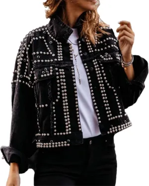 Womens Fashion Crop Rivet Studded Denim Jacket Casual Vintage Long Sleeve Pearl Short Jean Coat Trucker Jacket