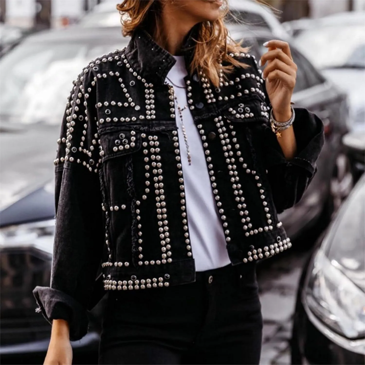 Womens Fashion Crop Rivet Studded Denim Jacket Casual Vintage Long Sleeve Pearl Short Jean Coat Trucker Jacket