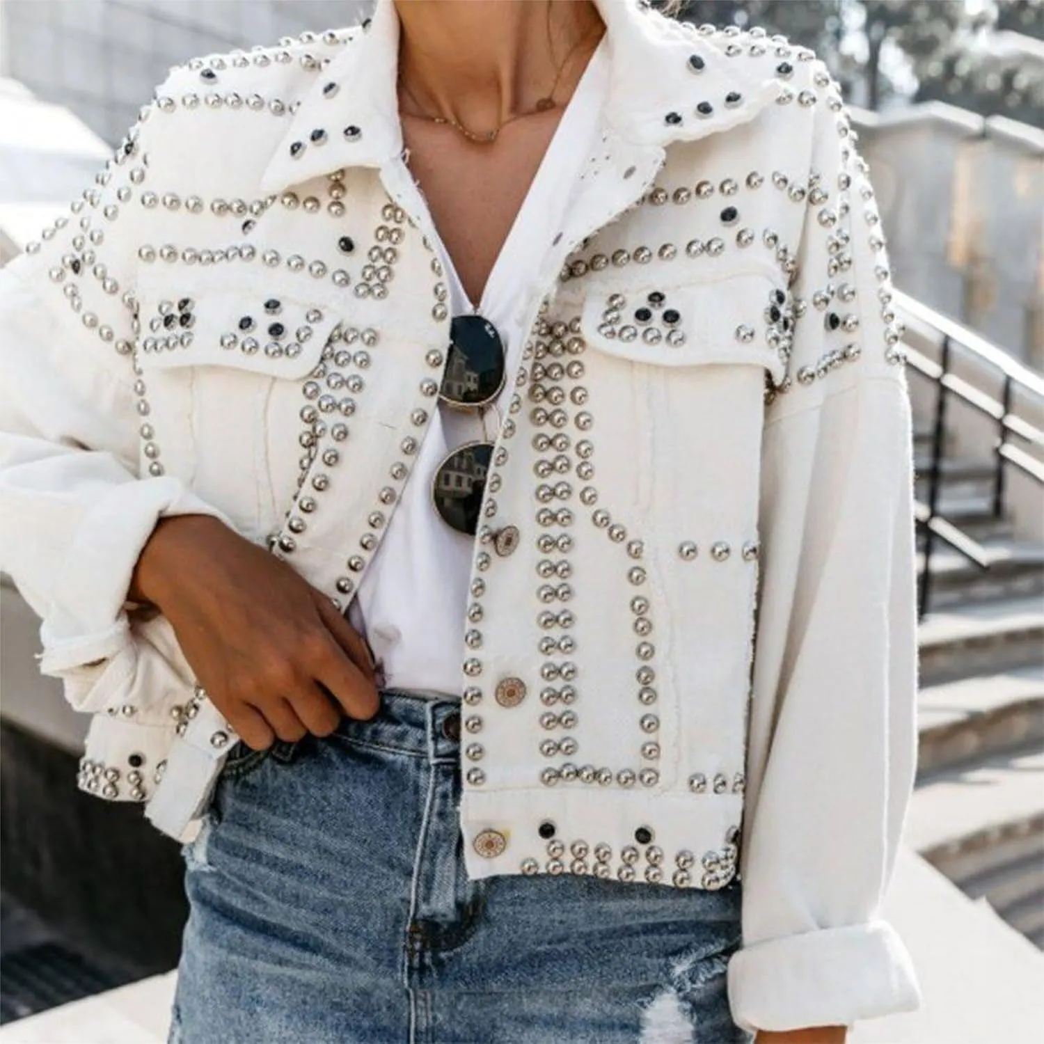 Womens Fashion Crop Rivet Studded Denim Jacket Casual Vintage Long Sleeve Pearl Short Jean Coat Trucker Jacket
