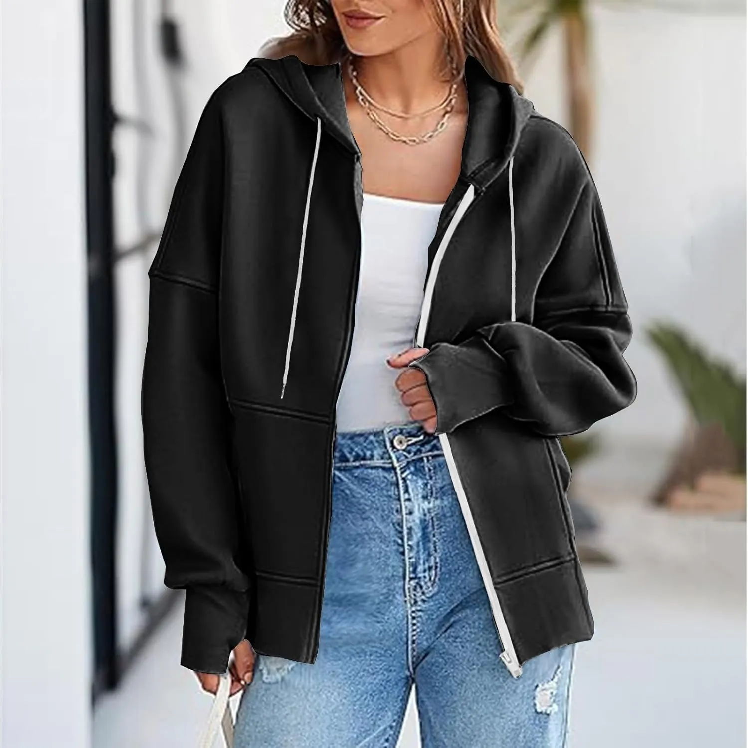 Women's Fashion Oversized Hoodie Long Sleeve Fleece Sweatshirt Full Zip Thumb Hole Pullover Pocket Casual Coat Tops