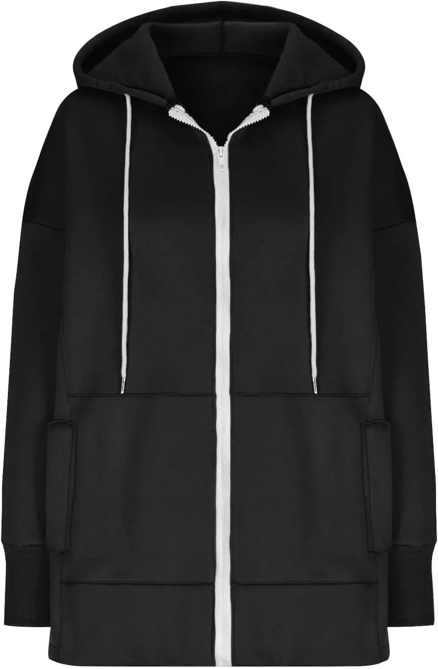 Women's Fashion Oversized Hoodie Long Sleeve Fleece Sweatshirt Full Zip Thumb Hole Pullover Pocket Casual Coat Tops